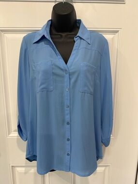 BCX Sky Blue Button-Front Women's Blouse